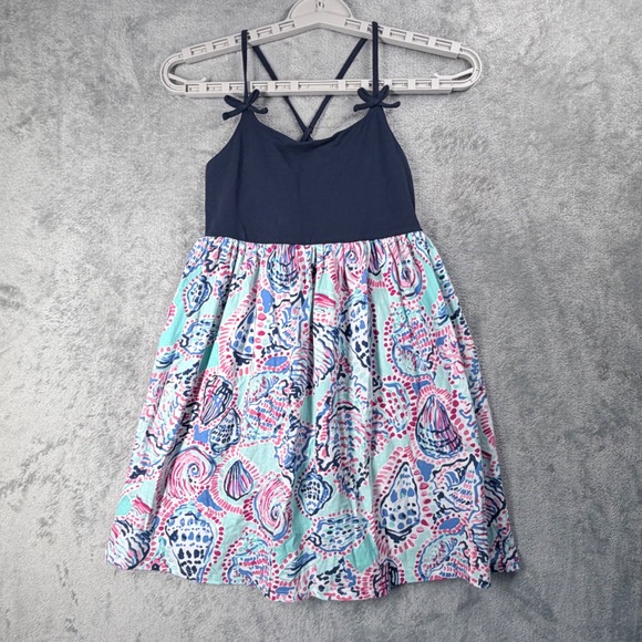 Lilly Pulitzer Dress Girls Size L 8-10 Navy Blue Pink Shell Print Summer Cruise - Picture 2 of 10